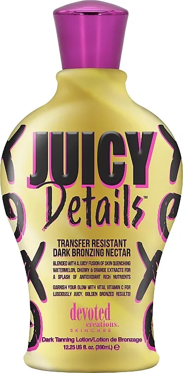 Devoted Creations Cream For Solarium Juicy Details For Instant Ultra-Dark Tan Anti-Aging, Anti-Cellulite Effect Balsam za solarijum koji pruža trenutnu ultra-tamnu preplanulost, sa efektom podmlađivanja i protiv celulita