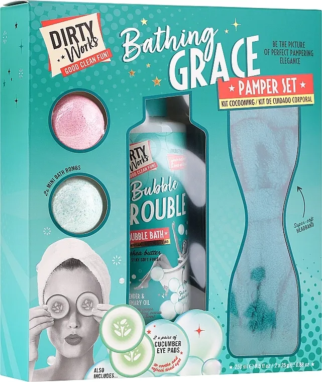 Dirty Works Bathing Grace Pamper (bath/bubble/250ml + eye/pads/2pcs + bath/bomb/2x25g + head/band/1pcs) Set