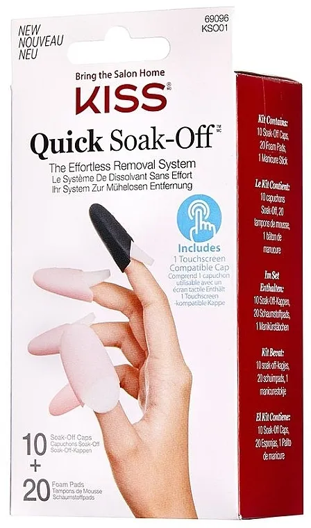 Kiss Quick Soak Off Removal System (10 caps + 20 foam pads) Štipaljke za skidanje gel laka