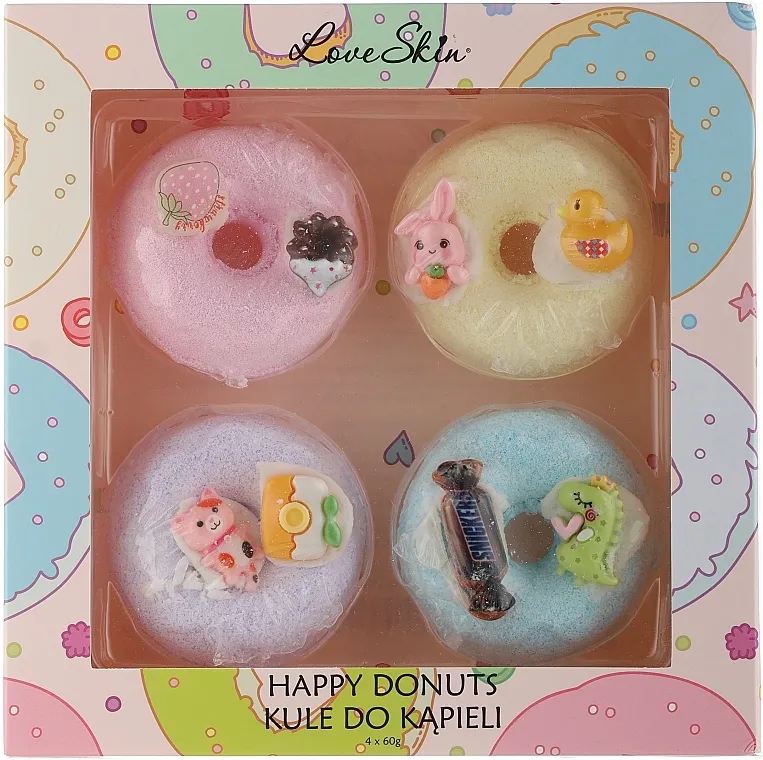 Love Skin Happy Donuts Snickers (bath/bombs/4x60g) Set aromatičnih kuglica za kupanje, Snickers + čokoladni kolačić