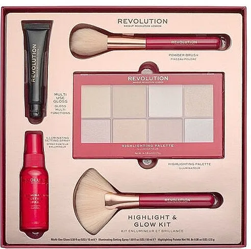 Makeup Revolution Highlight &amp; Glow (gloss/15ml + spray/50ml + palette/2.5g + 2xbrush) Set