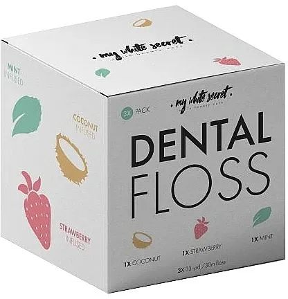 My White Secret Dental Floss Set (floss/3 pcs) Set konca za zube "Kokos, jagoda i menta"