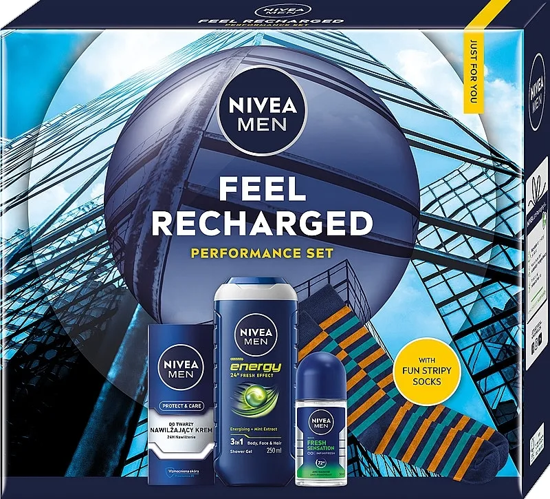 NIVEA MEN Feel Recharged 2025 (deo/50ml + ash/cr/75ml + sh/gel/250ml + socks/2pcs) Set