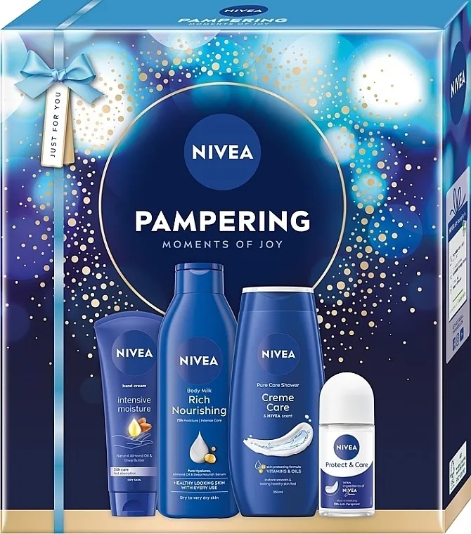 NIVEA Pampering 2025 (sh/gel/250ml + b/milk/250ml + h/cr/100ml + deo/50ml) Set