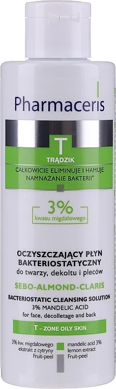 Pharmaceris T Sebo-Almond-Claris Bacteriostatic Cleansing Solution Bakteriostatska tekućina za lice, dekolte i leđa s 3% bademove kiseline
