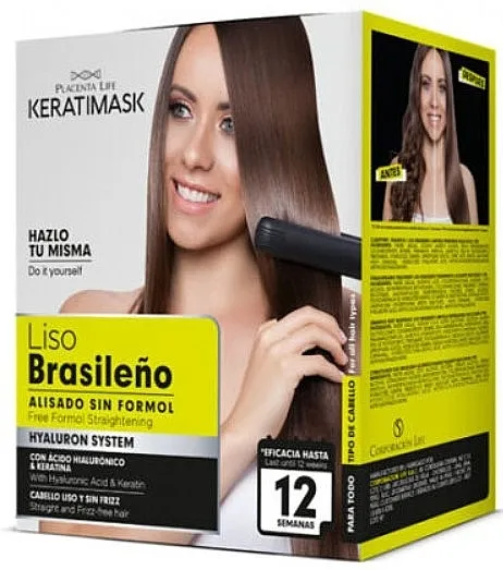 Placenta Life Keratimask Straightening Kit (shampoo/30 ml + straightening treatment/150 ml + repair shampoo/30 ml + conditioner/30 ml + brush/1 pcs. + glove/2 pcs.) Hair straightening set