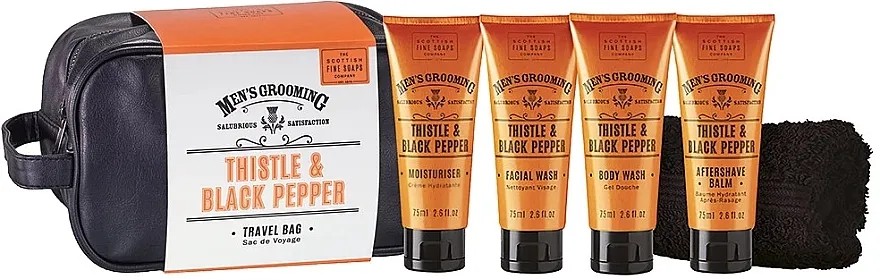 Scottish Fine Soaps Mens Grooming Thistle &amp; Black Pepper Travel Bag (sh/gel/75ml + f/wash/75ml + a/sh/balm/75ml + f/cr/75ml + towel + bag) Set