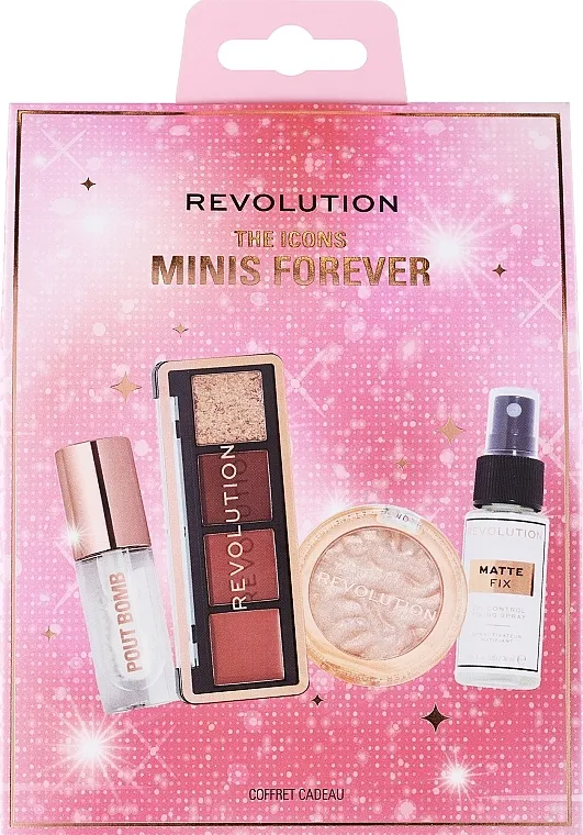 Set Makeup Revolution Beauty The Icons Forever Minis (pal/0.7g + h/ligh/2.5g + l/gloss/3ml + spr/30ml)
