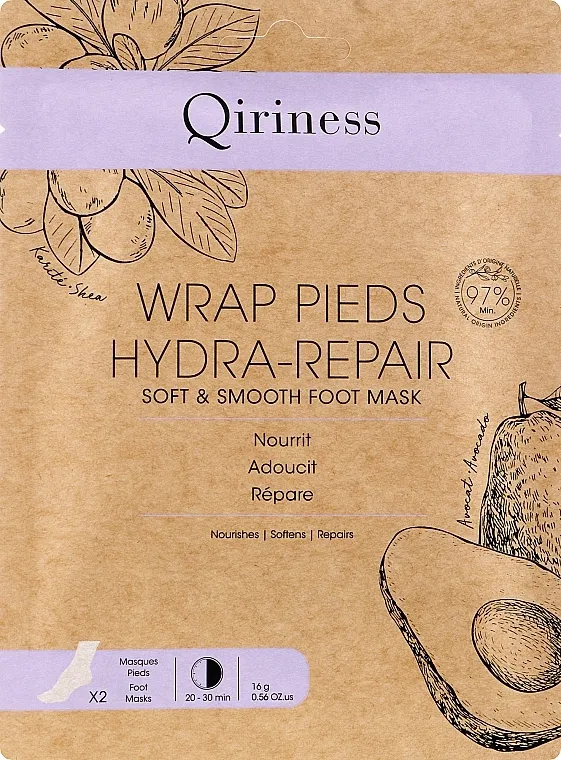 Umarajući i izgladjujući maska za stopala, prirodna formula Qiriness Wrap Pieds Hydra-Repair Soft &amp; Smooth Foot Mask