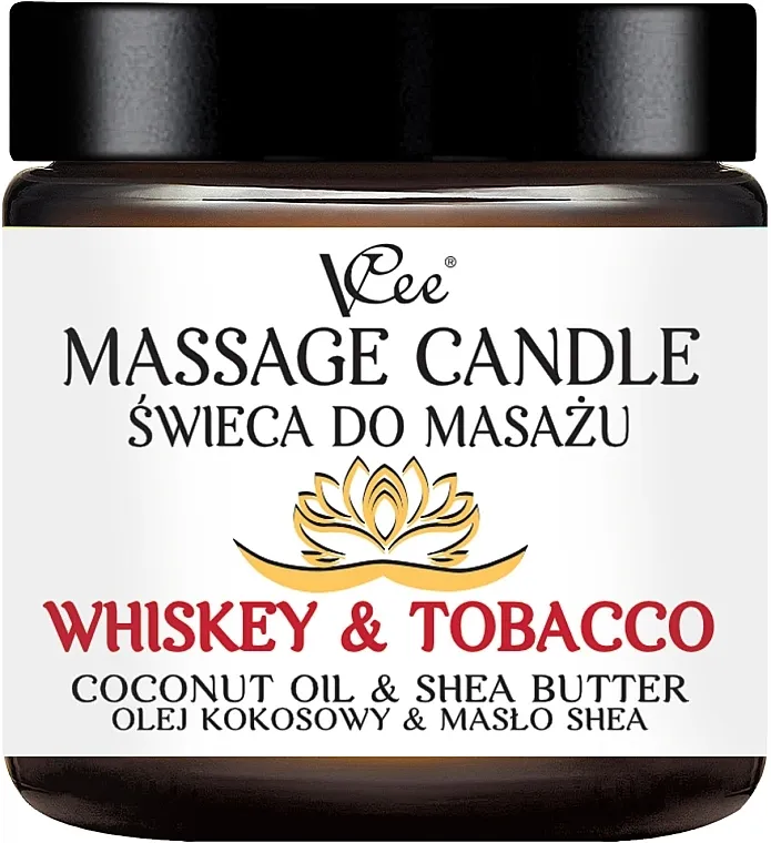 VCee Massage Candle Whiskey &amp; Tobacco Coconut Oil &amp; Shea Butter Svijeća za masažu "Viski i duhan"