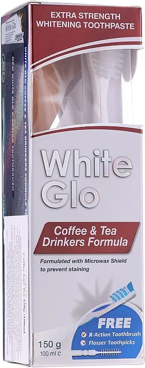 White Glo Coffee &amp; Tea Drinkers Formula Whitening Toothpaste (toothpaste/100ml + toothbrush) Set "Za ljubitelji čaja i kafe", belo-naranđasta četka