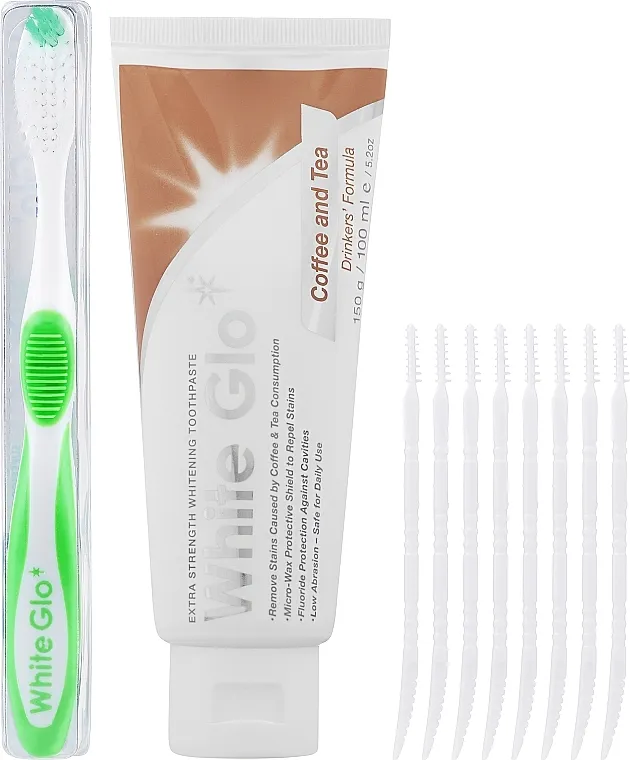White Glo Coffee &amp; Tea Drinkers Formula Whitening Toothpaste (toothpaste/100ml + toothbrush) Set "Za ljubitelji čaja i kafe", zelena četka
