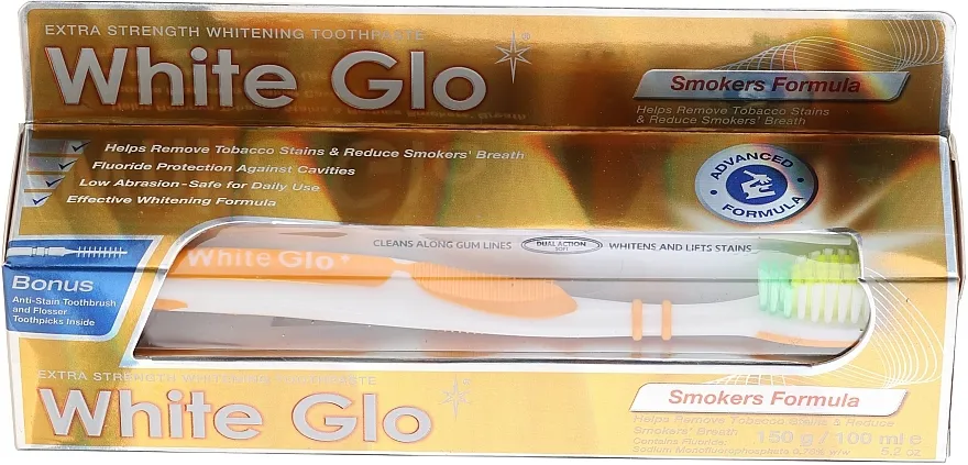 White Glo Smokers Formula Whitening Toothpaste (toothpaste/100ml + toothbrush) Set "Za pušače", narandžasta četka