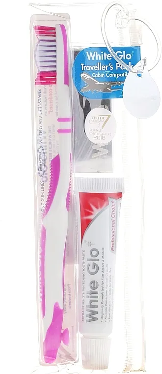 White Glo Travel Pack (t/paste/24g + t/brush/1 + t/pick/8) Set za putovanja za higijenu usta, roze