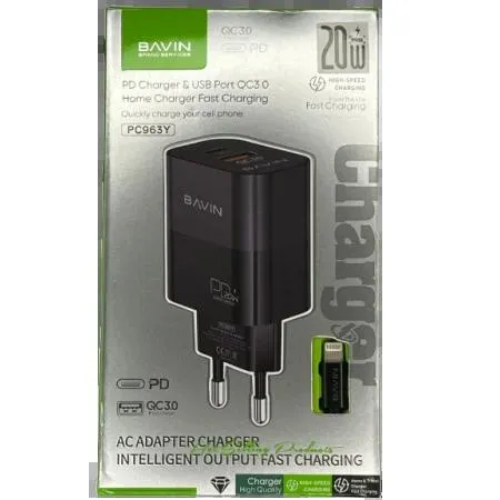Bavin punjač 20W PD  Usb A/Type C + kabl C-IOS  PC963Y-PD crna