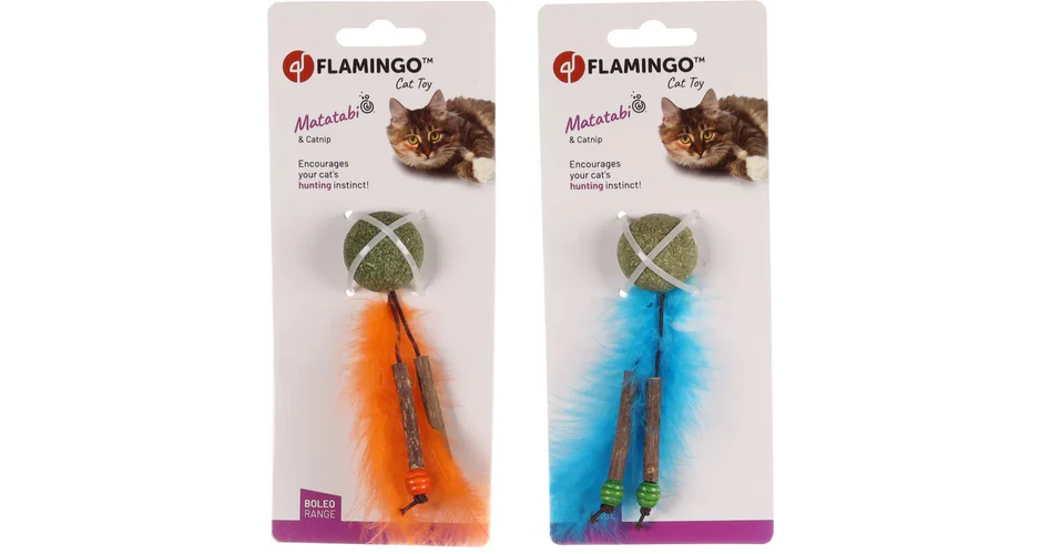 FLAMINGO Igračka za mačke Loptica Boleo, s perjem, Catnip&Matatabi, raznih boja