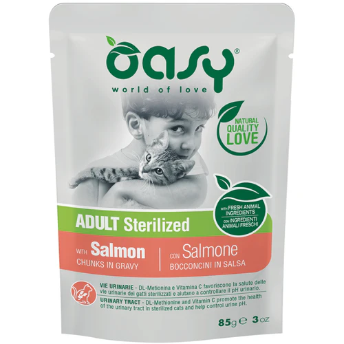 OASY Kesica za mačke, komadići u sosu Sterilized s Lososom, 85g